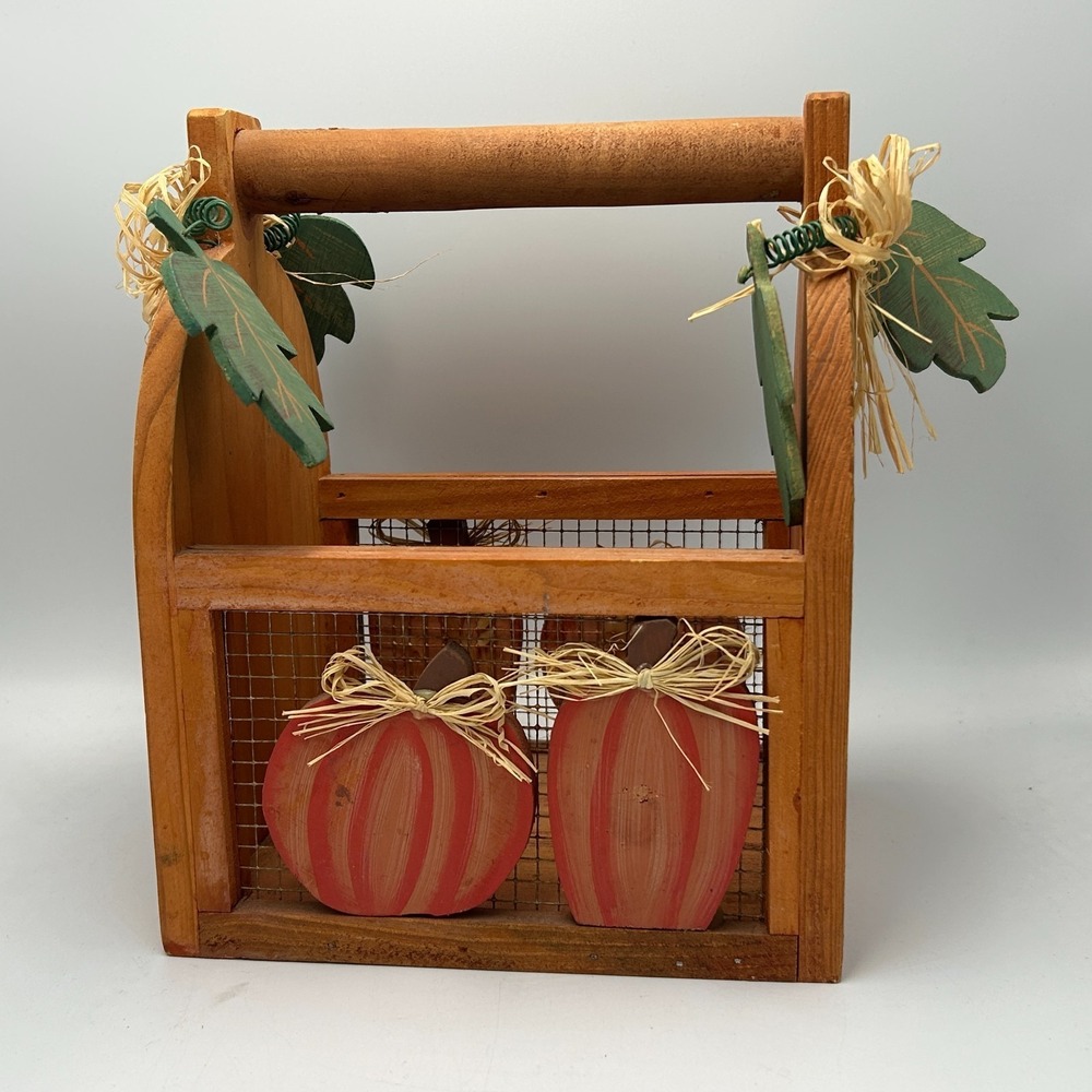 Wooden Wire Basket Country Farm Cottage Pumpkin Fall Autumn Leaves Rafia Chicken - Picture 2 of 8